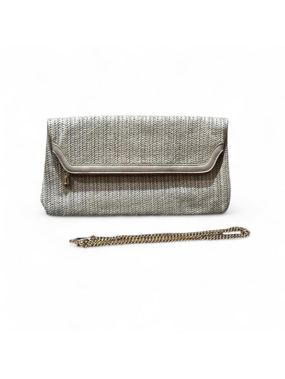 Gray Cloth Woven Foldover Clutch with Chain Strap